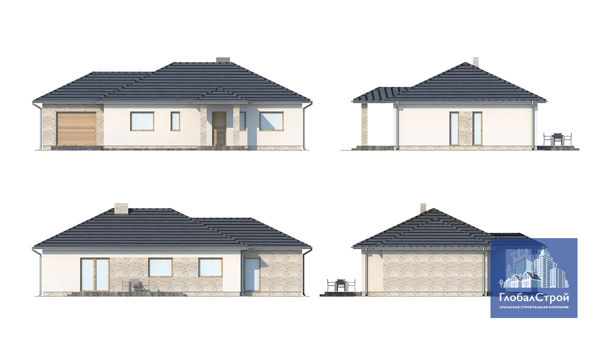 Проект одноэтажного дома Виган-Бл с открытой террасой и гаражом купить в  Челябинске, «ГлобалСтрой»